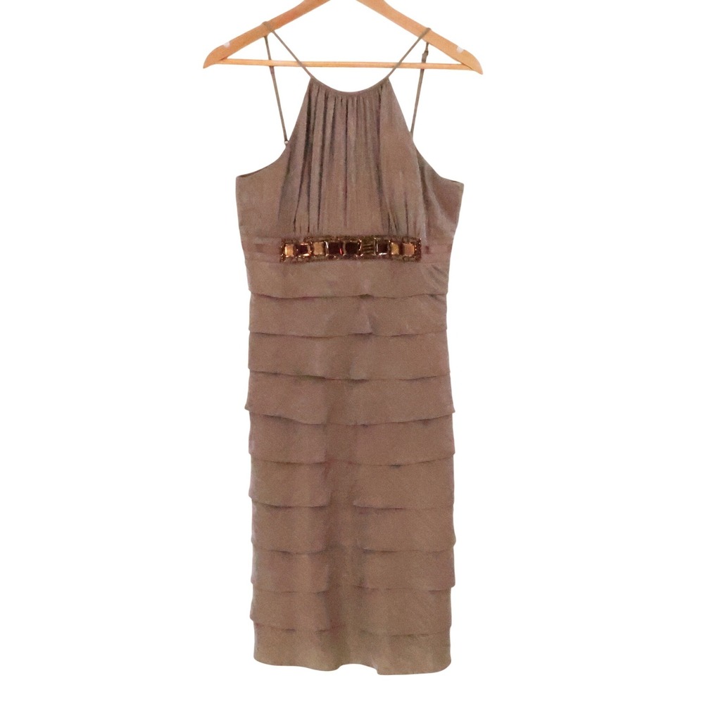 Adrianna Papell Tiered Beaded Cocktail Dress Womens Size 10 Bronze Shimmer